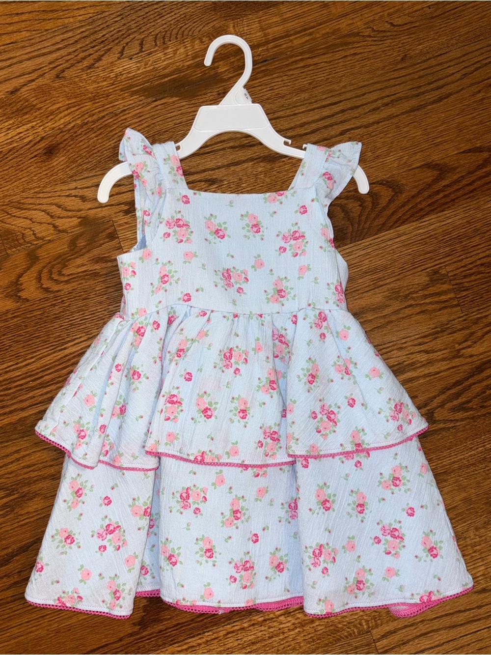 Audrey Camille Light Blue Floral Tiered Dress with Pink Roses 2T